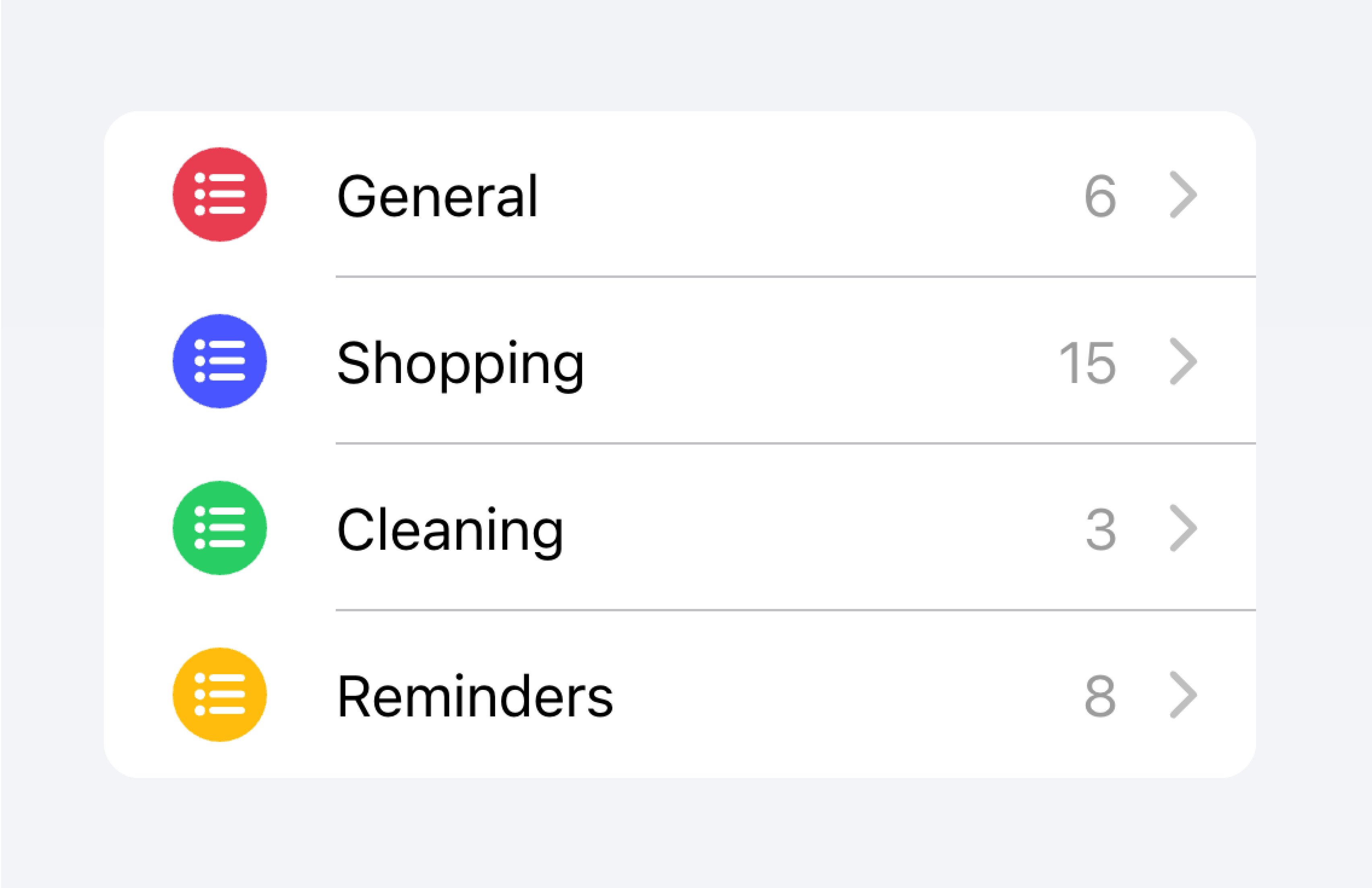 A list that contains several items, each representing a different to-do list. A count of how many tasks in each to-do list is placed at the end of each item.